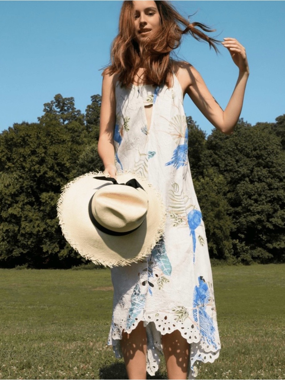 RARE Farm Rio Linen Parrot & Floral Print Embroidered Maxi Dress Oversized Sz S